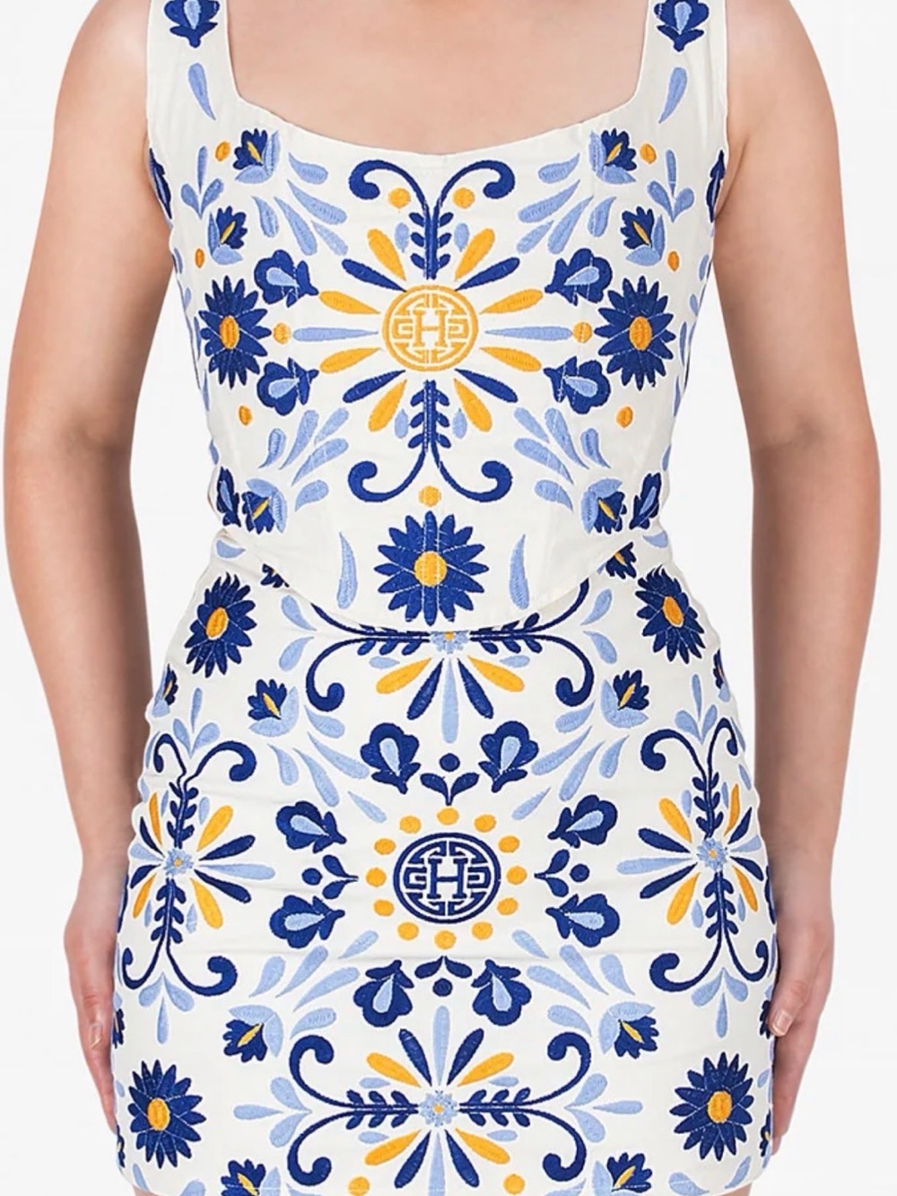 Herencia Collection White Mini Skirt Set with Blue & Yellow Floral Embroidery